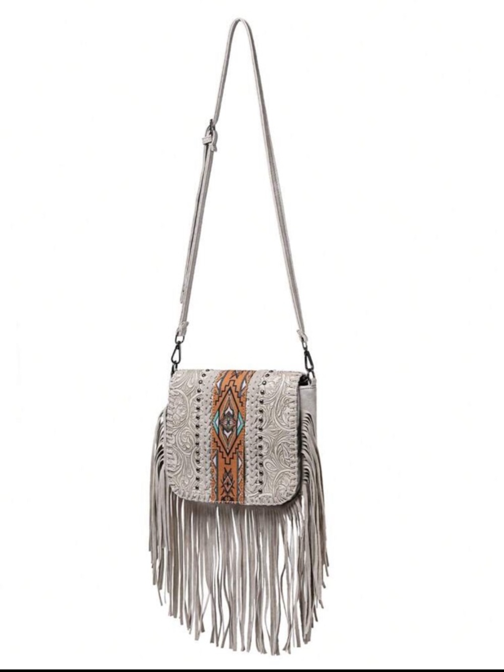 Light Gray Embossed Vegan Fringe Crossbody Bag with Aztec Stripe - Picture 3 of 11